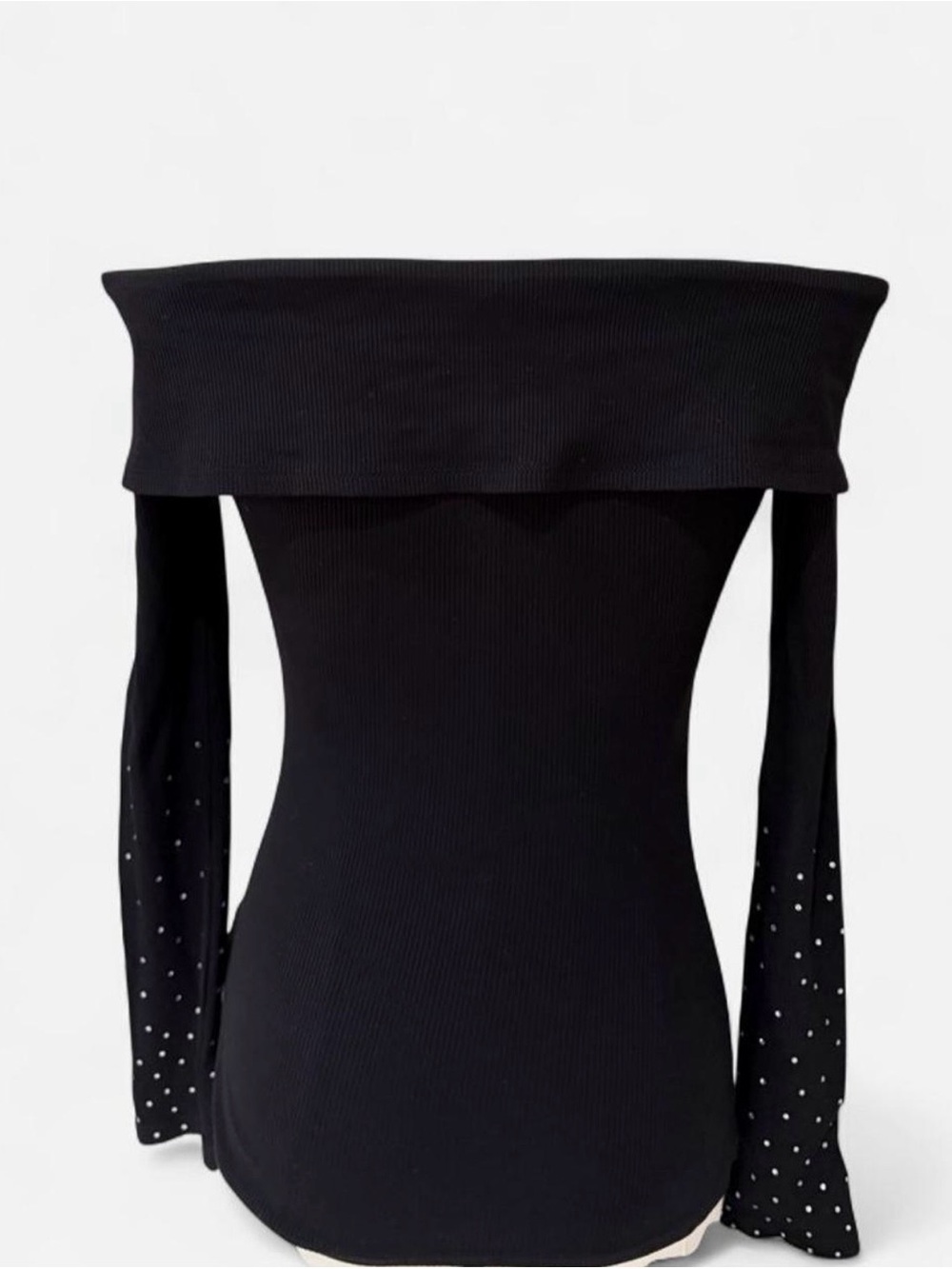 Vintage Bebe Black Rhinestone Off Shoulder Long Sleeve Top Y2K Glam - Picture 2 of 3